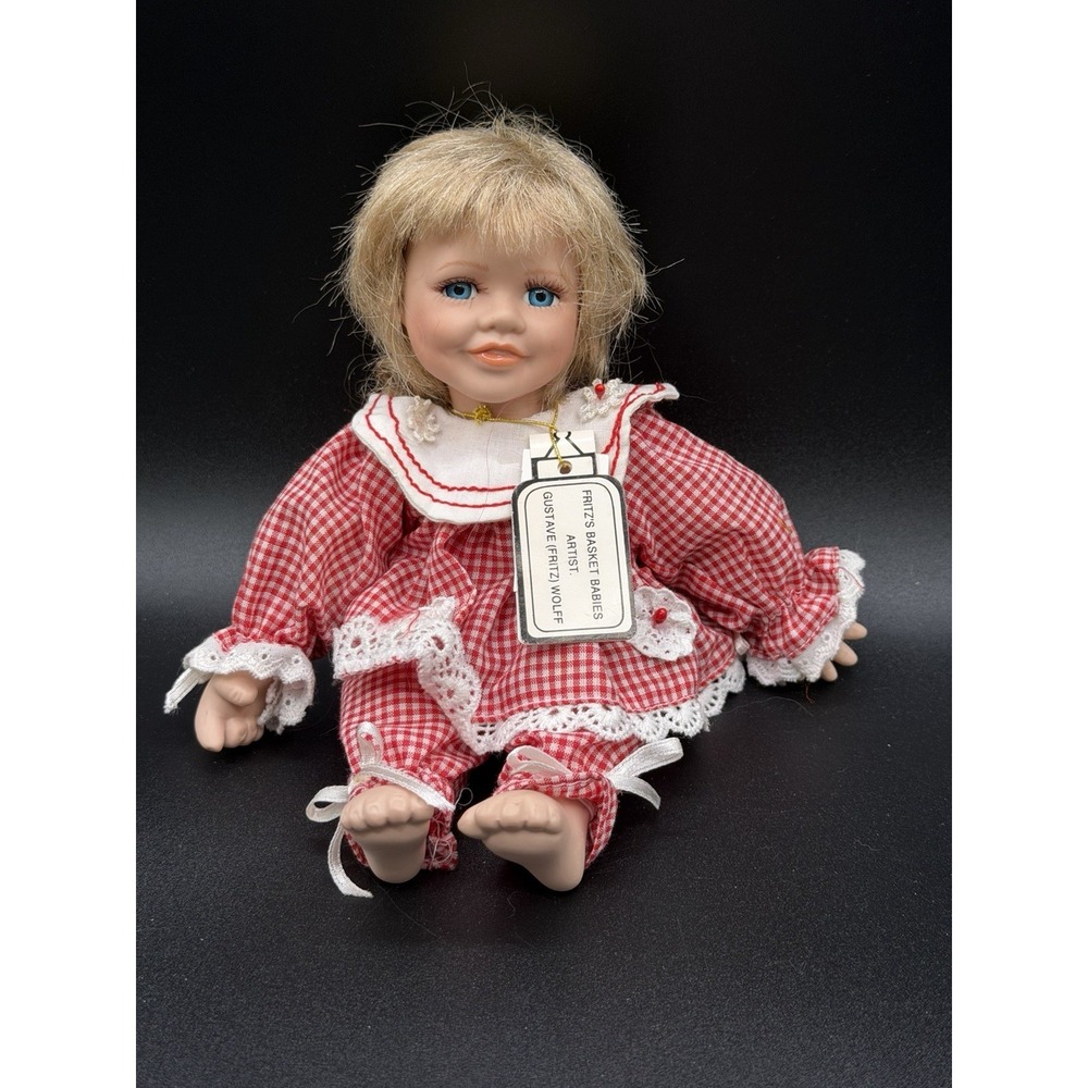 Vin. Fritz's Basket Babies  Porcelain Doll Red White Gingham  Jumper Rare Connie